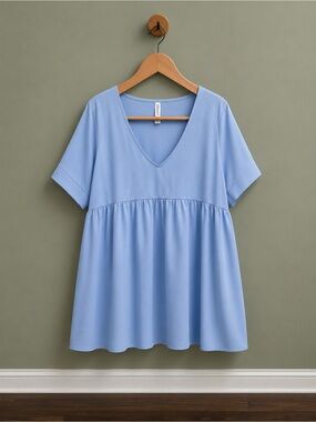 Light Blue V-Neck Babydoll Top